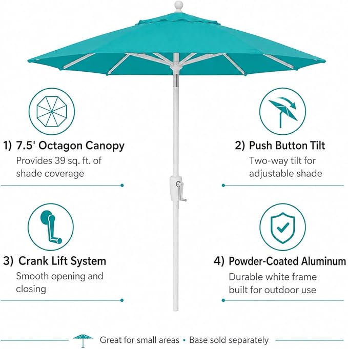 Treasure Garden 7.5ft Patio Umbrella – Outdoor Market Umbrella – Push Button Tilt – White Aluminum Frame (O’bravia, Aqua)