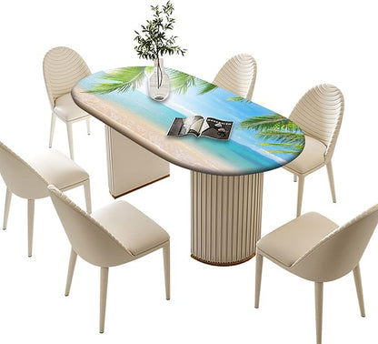 Ocean Oval Fitted Tablecloths, Palm Trees and Ocean Sea Pattern Pring Elastic Edged Table Covers, Fits Tables up to 48" x 68", Wrinkle-Proof Table Cloths Indoor Restaurant Outdoor Terrace Dining Use