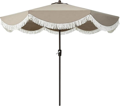 Tempera 9ft Auto Tilt Scalloped Patio Umbrellas with Fringe, Outdoor Table Umbrellas with Fade Resistant Canopy, 8 Sturdy Rids, Luxurious Vintage Umbrellas for Lawn, Pool, Deck, Balcony