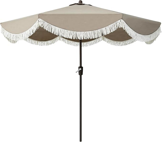 Tempera 9ft Auto Tilt Scalloped Patio Umbrellas with Fringe, Outdoor Table Umbrellas with Fade Resistant Canopy, 8 Sturdy Rids, Luxurious Vintage Umbrellas for Lawn, Pool, Deck, Balcony