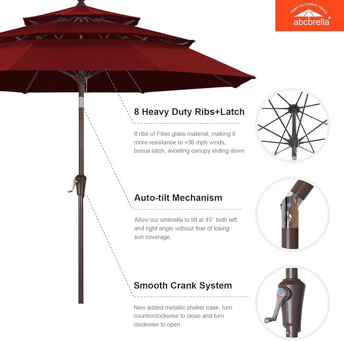 ABCCANOPY 9FT 3-Tier OLEFIN® Patio Umbrella, 5-Year No Fading, Burgundy | Heavy Duty Fade-Resistance Outdoor Table Umbrella, 8 Sturdy Ribs, Tilt, Crank for Deck, Backyard, Garden, Yard, Pool
