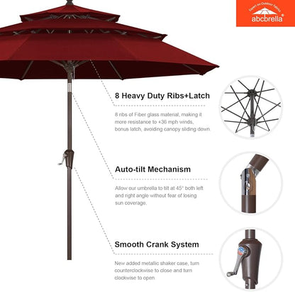 ABCCANOPY 9FT 3-Tier OLEFIN® Patio Umbrella, 5-Year No Fading, Burgundy | Heavy Duty Fade-Resistance Outdoor Table Umbrella, 8 Sturdy Ribs, Tilt, Crank for Deck, Backyard, Garden, Yard, Pool