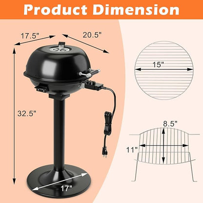 ORALNER Electric BBQ Grill with Stand, Warming Rack & Drip Tray, 15-Serving Electric Griddle Indoor & Outdoor Cooking Grilling Portable Patio Grill, for Balcony, Garden, Apartment, 1600W (Black)