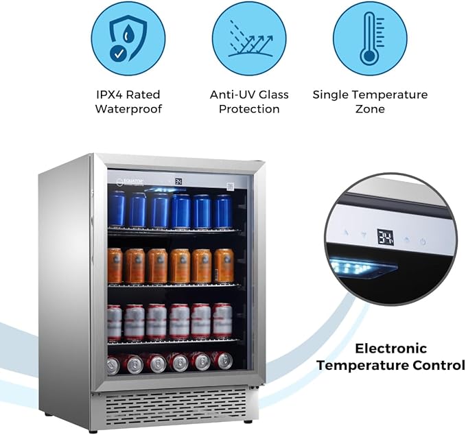 Equator 4.6 cu ft Outdoor/Indoor Refrigerator – Stainless Steel Beverage Cooler, 110 Can+6 Bottle Capacity, Built-In or Freestanding, IPX4 Waterproof, Frost-Free Cooling