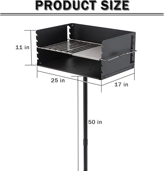 25" x 17" Heavy Duty Charcoal Grill - Park Style Portable BBQ Grill with Single Post & Cooking Grate for Backyard, Patio, and Camping
