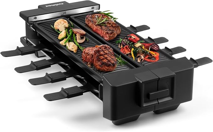 CUSIMAX Raclette Grill Raclette Table Grill Rotatable Korean BBQ Grill, 1400W Indoor Grill with 2 Non-stick Grill Plates, 8 Cheese Trays and Wooden Spatulas, Tabletop Electric Grill for 8 People