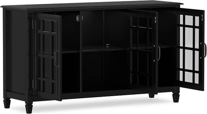 SIMPLIHOME Connaught 60" Wide Solid Wood Buffet Cabinet in Black | Traditional sideboard with glass doors, adjustable shelves and notched legs for the dining room, entryway or living room.