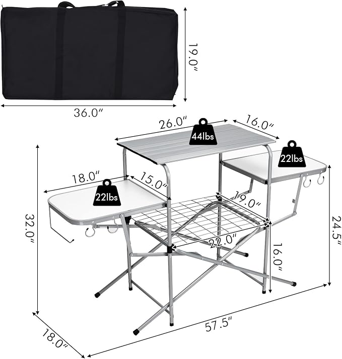 GIANTEX Folding Grill Table with 26'' Main Tabletop, Portable Aluminum Camping Table, Carrying Bag, Quick Set-up, Outdoor Camping Kitchen Food Prep Station for Picnic Tailgating RVing Backyard