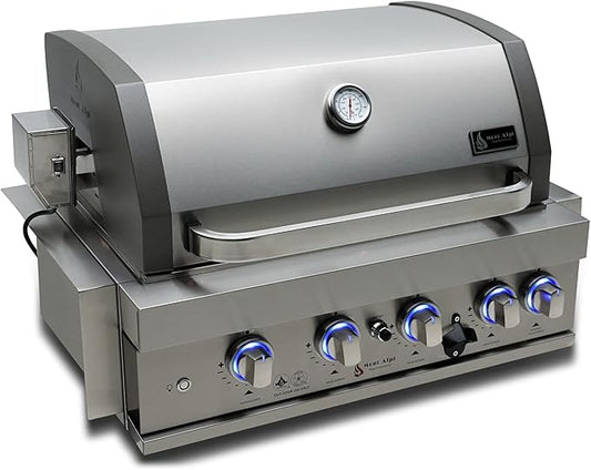 Mont Alpi Premium 32"W x 23"D x 21"H Stainless Steel 4-Burner 63000 BTUs Outdoor Kitchen Kitchen Island Heavy Duty Propane Built-in BBQ Grill Head with Infrared Rear Burner + Rotisserie Kit + Cover