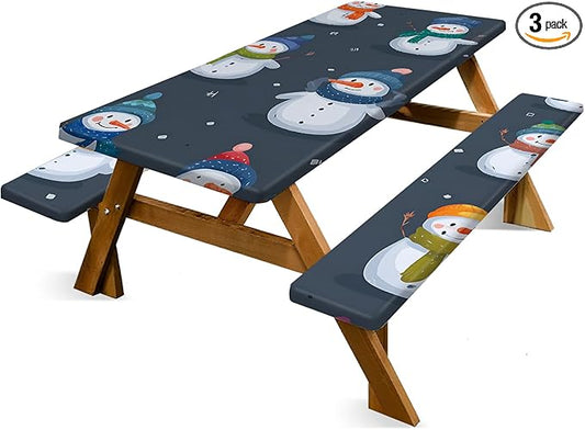 Christmas Picnic Table Cover with Bench Covers Set, Elastic Fitted Tablecloth for Outdoor Picnic Tables, Blue Snowman Design, Durable Vinyl Table Cover for Winter Camping, BBQs, and Holiday
