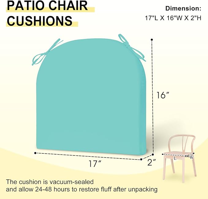 downluxe Outdoor Chair Cushions Set of 6 for Patio Furniture, Water-Resistant Patio Chair Cushions with Ties, High Density Foam Outdoor Seat Cushion, 17" X 16" X 2", Teal