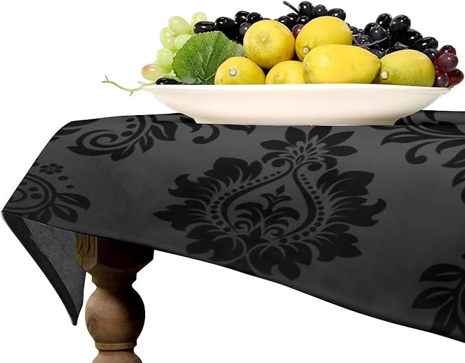 Gothic Black Damask Tablecloth, Vintage Floral Exotic Bohemian Antique Victorian Table Cloth Water Resistant Table Cover for Farmhouse Party Holiday Kitchen Dinner Table 60x110