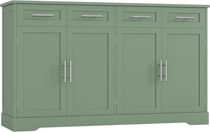 HOSTACK 60" Large Buffet Sideboard with Storage, 36" Tall Kitchen Buffet Storage Cabinet with 4 Drawers, Modern Coffee Bar Cabinet with Silver Handles, Long Sideboard Buffet Table for Kichen, Green