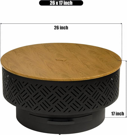 OutVue 26" Wood Burning Fire Pits with Grill & Lid, Fire Pit Table for Outside with Waterproof Cover & Fire Poker, Outdoor Firepit with Functions for BBQ,Table and Bonfire
