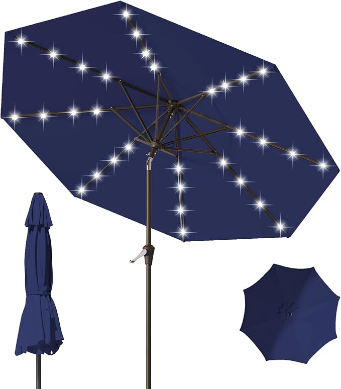 9FT Patio Umbrella with Solar Lights,Outdoor Market Umbrella with Tilt and Crank, LED Lighted Table Umbrella for Garden,Deck,Backyard,Pool,Beach (Navy)