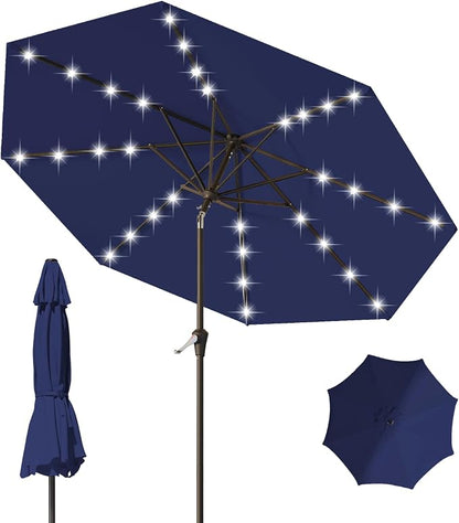 9FT Patio Umbrella with Solar Lights,Outdoor Market Umbrella with Tilt and Crank, LED Lighted Table Umbrella for Garden,Deck,Backyard,Pool,Beach (Navy)