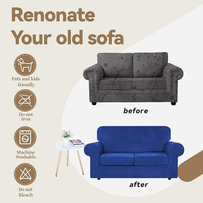 WEERRW Velvet Stretch 3 Pieces Couch Cover for Sofa Washable, Royal Blue | Love Seat Couch Covers for 2 Cushion Couch Sofa Furniture Protector slipcoves with Elastic Bottom for Kids, Medium