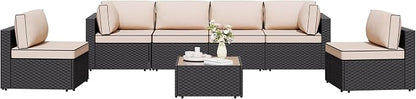 Shintenchi 7 Pieces Outdoor Patio Sectional Sofa Couch, Wicker Furniture Conversation Sets with Washable Cushions & Glass Coffee Table for Garden, Poolside, Backyard (Khaki)