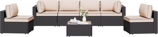 Shintenchi 7 Pieces Outdoor Patio Sectional Sofa Couch, Wicker Furniture Conversation Sets with Washable Cushions & Glass Coffee Table for Garden, Poolside, Backyard (Khaki)