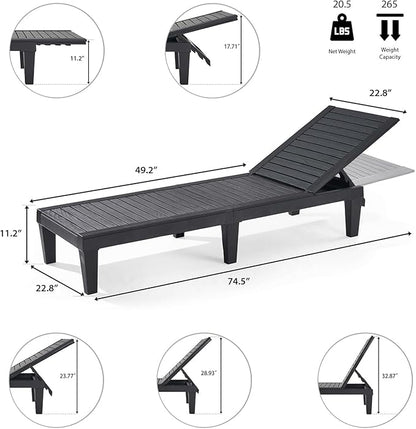 Nestl Patio Chairs - Black Chaise Lounge Chair Outdoor, 5-Position Adjustable Sun Tanning Chair, Waterproof Pool Lounge Chairs Set of 6, Reclining Lawn Chair, Lightweight Outdoor Lounge Chairs