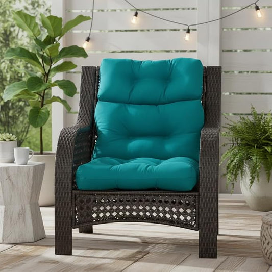 Outdoor Tufted High-Back Chair Cushions, One-Piece Hinged Seat and Back Design, Reversible with 4 Ties, Durable Polyester Fabric, Recycled Fiber Fill - Single, Peacock