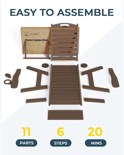 Ciokea Lounge Chair Outdoor, Oversized Chaise Lounge Chair with 5 Positions, HDPE, Patio Lounge Chair with Wheels & Cup Holder for Pool, Deck, Poolside, Dark Brown