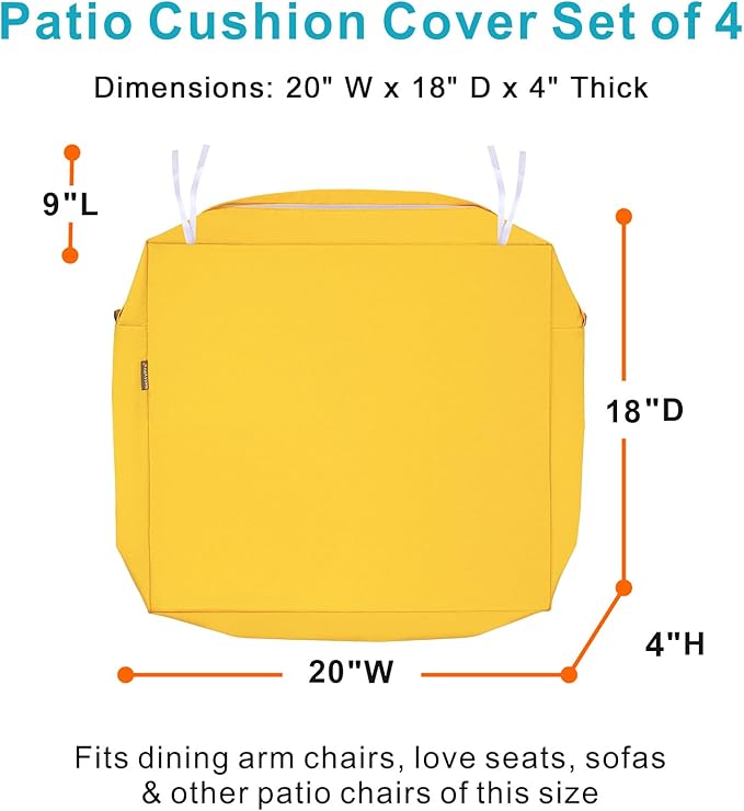 NettyPro Patio Chair Seat Cushion Covers Set 4, Waterproof Outdoor Furniture Cushion Slipcovers with Zipper and Tie, 20 x 18 x 4 Inch, Replacement Cover Only, Yellow
