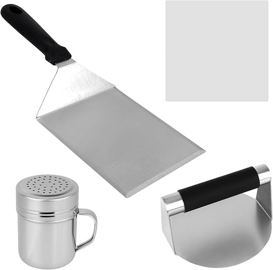 Flattened Burger Press Smash Kit, Includes Stainless Steel Smasher Plate Grill Spatula Seasoning Shaker & Hamburger Patty Papers Griddle Accessories Tools for Flat Top Grill BBQ & Outdoor Cooking