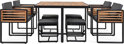 Merax 9-Piece Patio Dining Set for 8 People, Acacia Wood Outdoor Furniture Sets with 1 Square Table, 4 Cushioned Chairs and 4 Ottomans for Backyard, Garden, Lawn, Poolside, Space Saving Design, Gray