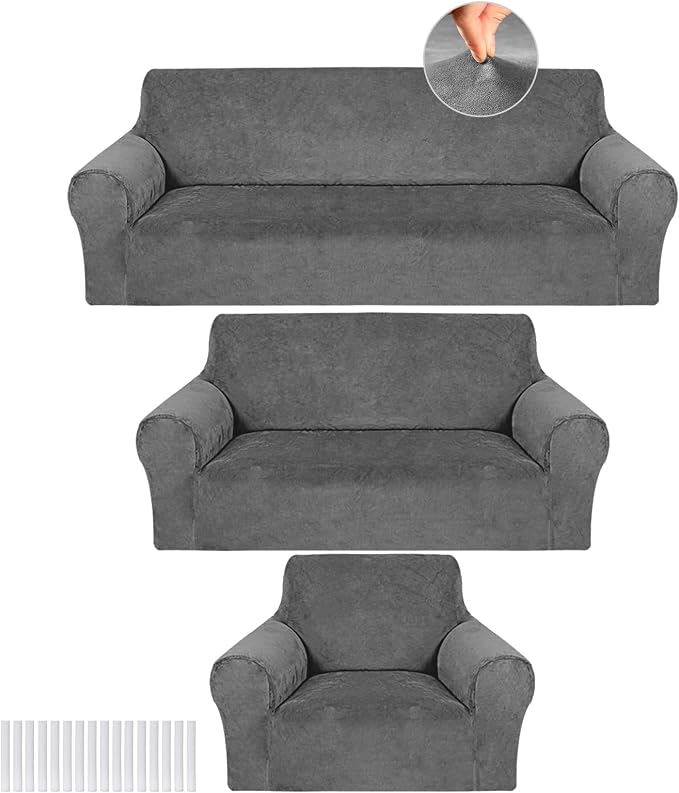 Peryiter 3 Pcs Couch and Loveseat Sofa Covers,Dark Gray,Velvet | Armchair Covers for Living Room, Sofa Cushion Slipcover, Furniture Protector, Polyester and Spandex, Washable