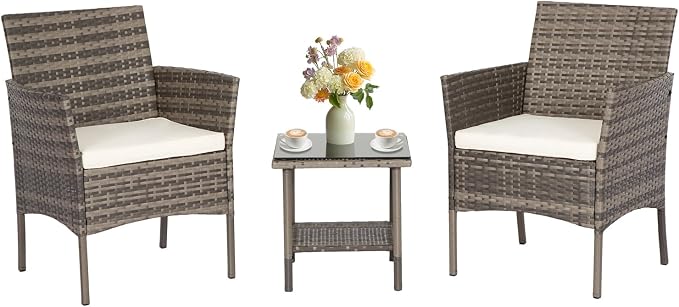 FDW 3 Piece Outdoor Furniture Set Patio Gray Wicker Chairs Furniture Bistro Conversation Set 2 Rattan Chairs with Khaki Cushions and Glass Coffee Table for Porch Lawn Garden Balcony Backyard
