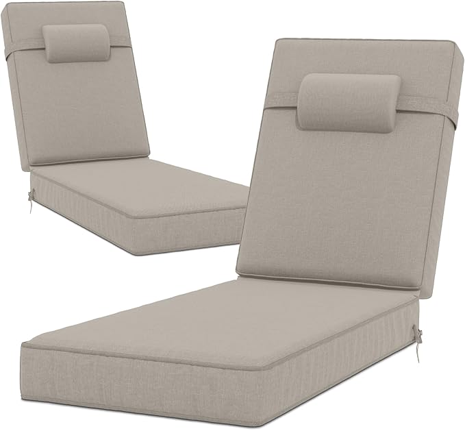 72 x 21 x 4 Inch Olefin Chaise Lounge Cushions, Lounge Chair Cushions with Headrest for Outdoor Furniture - Weather and Fade Resistant Patio Replacement Furniture Lounge Chair Cushion Set of 2