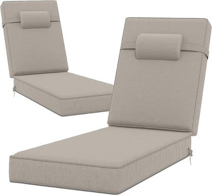 72 x 21 x 4 Inch Olefin Chaise Lounge Cushions, Lounge Chair Cushions with Headrest for Outdoor Furniture - Weather and Fade Resistant Patio Replacement Furniture Lounge Chair Cushion Set of 2