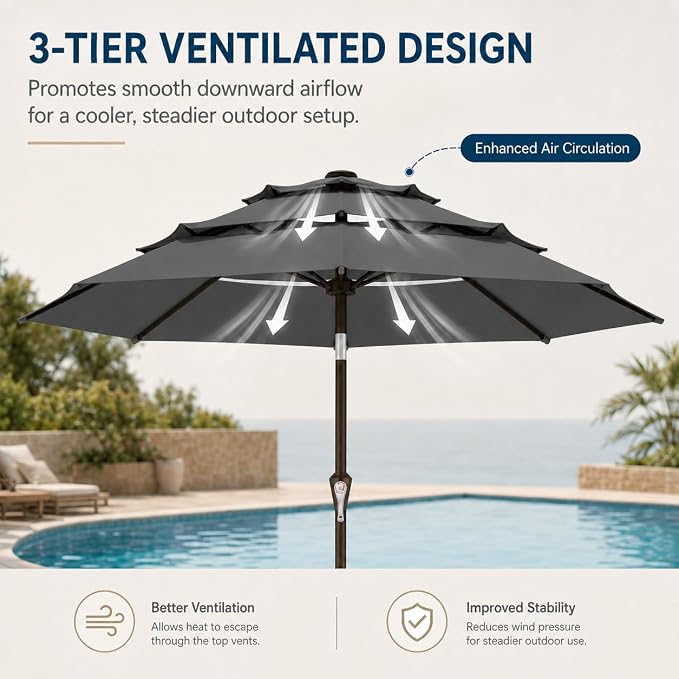 10ft Patio Umbrella, 3-Tier Vented Outdoor Table Umbrella with 8 Sturdy Fiberglass Ribs, Windproof Market Umbrella with Push Button Tilt and Crank, UV Protection for Deck, Pool, Grey