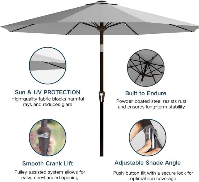 9' Solar LED Patio Umbrella with Tilt & Crank|8 Sturdy Ribs,UV Protection,Outdoor Market Table Umbrella for Deck,Lawn,Pool,Backyard(Light Gray)