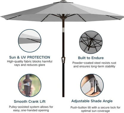 9' Solar LED Patio Umbrella with Tilt & Crank|8 Sturdy Ribs,UV Protection,Outdoor Market Table Umbrella for Deck,Lawn,Pool,Backyard(Light Gray)