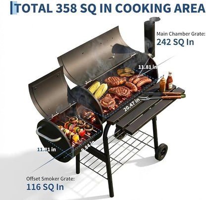 GarveeLife BBQ Charcoal Grill, Outdoor Barrel Grills with Offset Smoker, Patio Barbecue Grill and Smoker Combo with Wheels and Handle, for Garden Backyard Party Camping Picnic, Black