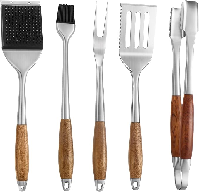 5 pcs Heavy-Duty Rose Wooden BBQ Grilling Tools Set, Extra Thick Stainless Steel Multi-Functional Spatula, Fork, Tong, Oil Brush, Cleaning Brush - an Excellent Barbecue Gift for Men