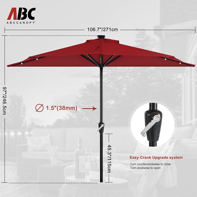 ABCCANOPY Patio Umbrella 9FT Outdoor Half Umbrella w/Solar Lights，Burgundy | Fade & UV Resistant Fabric, 5 Fiberglass Ribs, Waterproof, Air Vent, Crank Operated, Great for Patio, Backyard, Garden, Deck