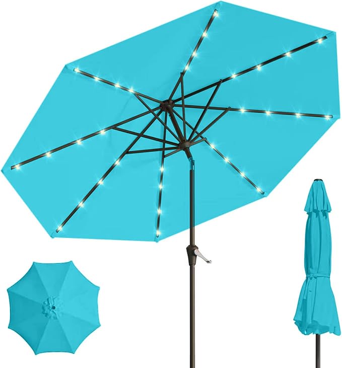 9' Solar LED Patio Umbrella with Tilt & Crank|8 Sturdy Ribs,UV Protection,Outdoor Market Table Umbrella for Deck,Lawn,Pool,Backyard(Light Blue)
