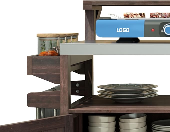 Outdoor Kitchen Island with Raised Shelf,Solid Wood Storage Cabinet with Stainless Steel Top,Outdoor Rolling Grill Cart with Internal Storage Rack, Adjustable Shelf,Spice Rack (Brown#028)