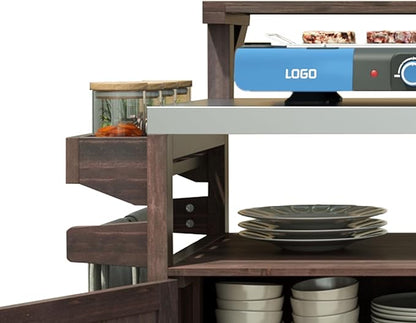 Outdoor Kitchen Island with Raised Shelf,Solid Wood Storage Cabinet with Stainless Steel Top,Outdoor Rolling Grill Cart with Internal Storage Rack, Adjustable Shelf,Spice Rack (Brown#028)