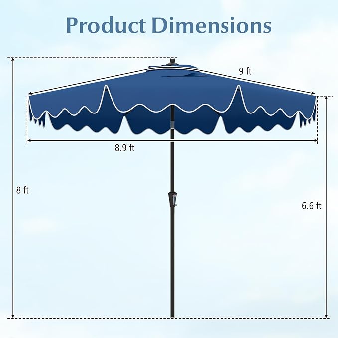 Tangkula 9Ft Patio Umbrella with Crank, 2-Tier Outdoor Umbrella with Push Button Tilt, Sun-Protective Canopy, 8 Ribs, Scalloped Patio Umbrella for Outdoor Beach Deck Pool Table (Blue)