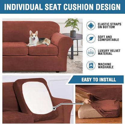 H.VERSAILTEX Modern Velvet Plush 4 Piece High Stretch Sofa Slipcover Cover Furniture Protector Form Fit Luxury Thick Velvet Extra Large Sofa Cover for 3 Cushion Couch (XL Sofa, Rust)