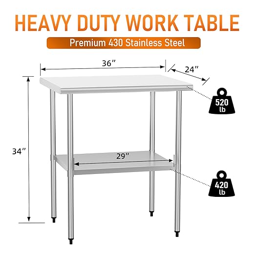 Stainless Steel Table for Food Prep & Work 24 x 36 inches Utility Table with Adjustable Undershelf, Commercial Workstation in Kitchen, Garage, Outdoor BBQ
