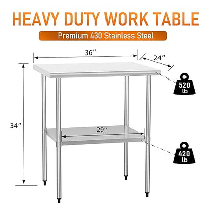 Stainless Steel Table for Food Prep & Work 24 x 36 inches Utility Table with Adjustable Undershelf, Commercial Workstation in Kitchen, Garage, Outdoor BBQ