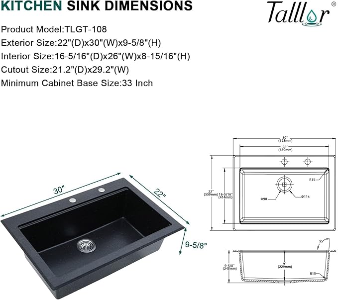 Granite Composite Kitchen Sink - 30 Inch Matte Black Granite Kitchen Sink Drop In Topmount Workstation Quartz Single Bowl Sinks All-In One, 30"x22" #TLGT-124