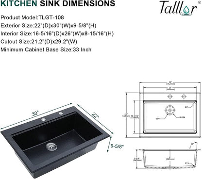 Granite Composite Kitchen Sink - 30 Inch Matte Black Granite Kitchen Sink Drop In Topmount Workstation Quartz Single Bowl Sinks All-In One, 30"x22" #TLGT-124