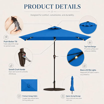 6.5 x 10ft Rectangular Patio Umbrella with Solar Lights, 16 LED Lighted Market Umbrella with Push-Button Tilt and Crank, 6 Sturdy Iron Ribs for Garden, Deck, Pool, Royal Blue