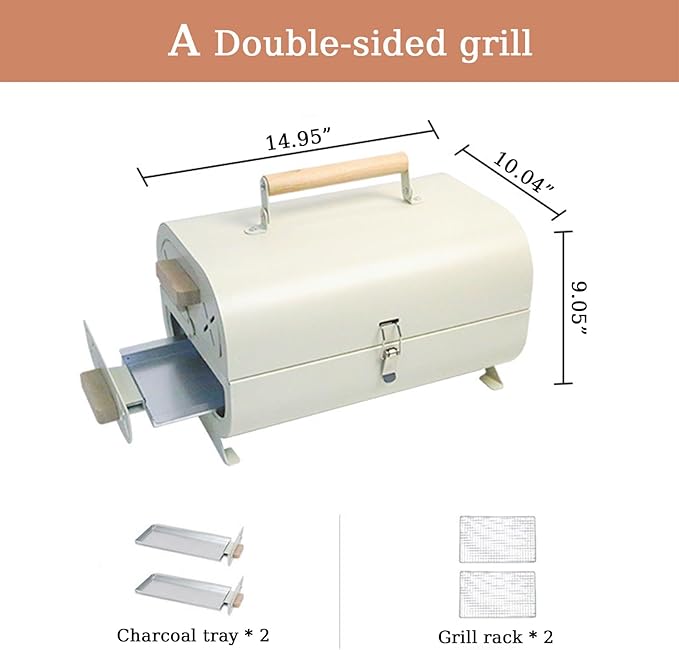 Portable Charcoal Grills with Lid, Small Folding Tabletop Grill, 14.95 * 10.04 Inch Compact Barbecue, Both-Side Grate for Outdoor Cooking Camping, Picnics, Backyard, Balcony (with Baking Tray Black)